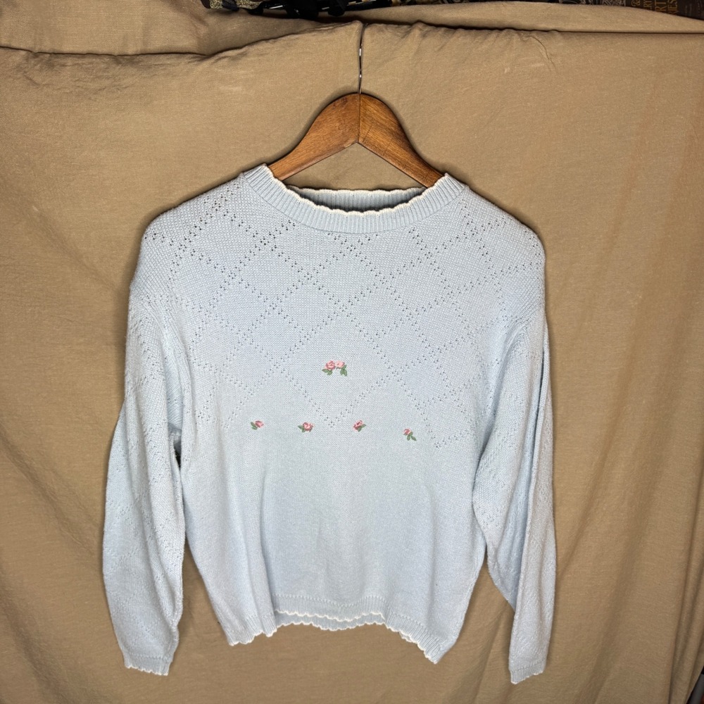 Vintage Cotton Harbor Blue Pointelle Knit Rose Embroidered Sweater Made In USA L